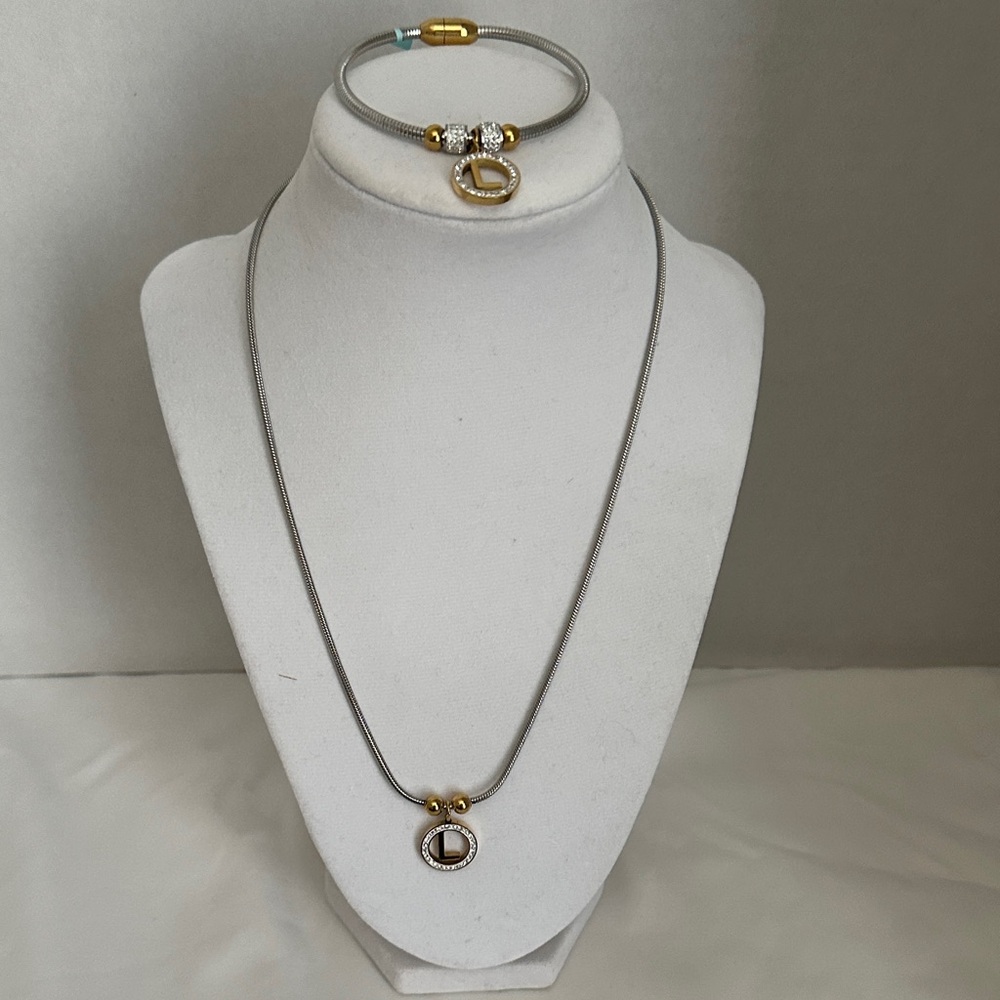 Letter L Silver and Gold Necklace and Bracelet Set